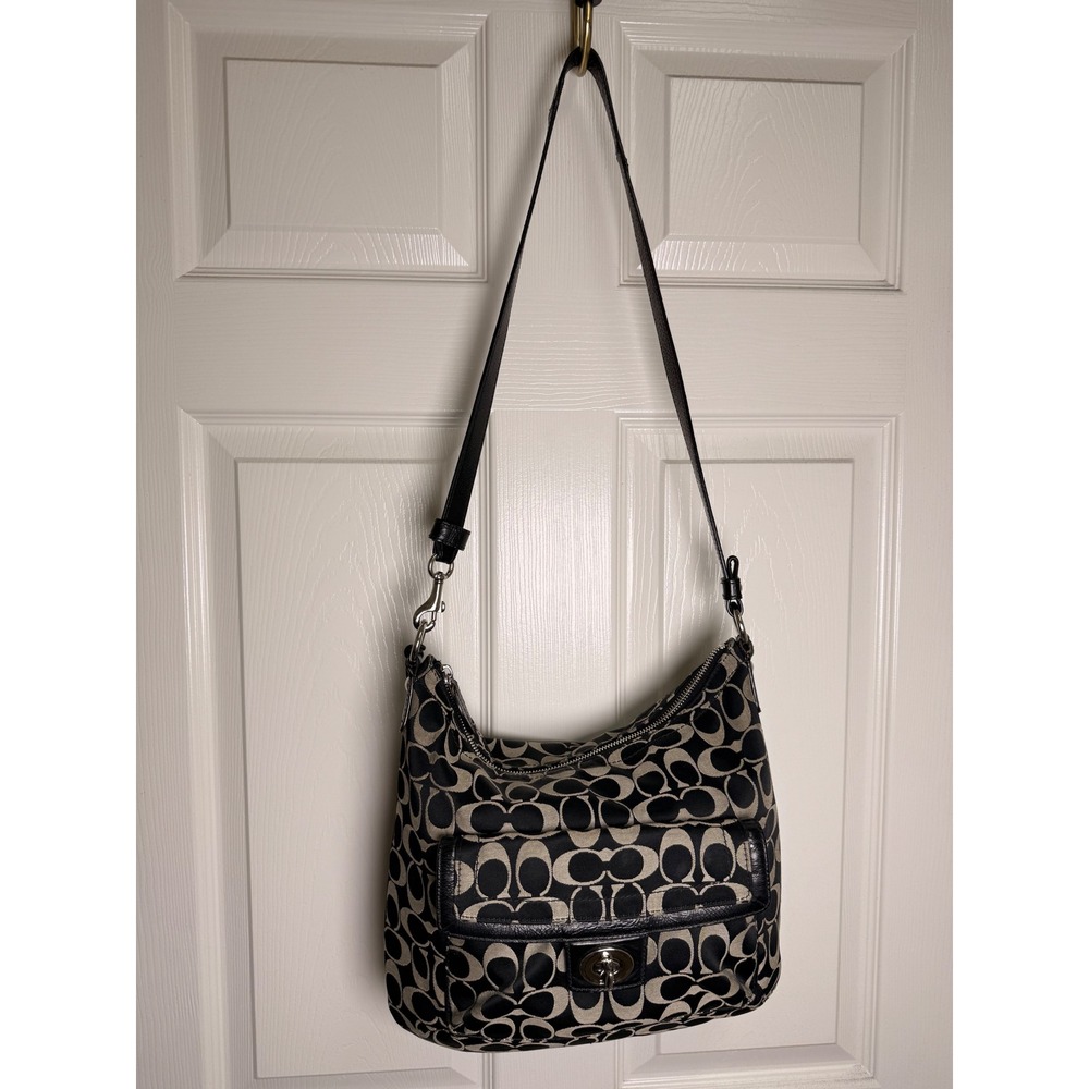 Coach Signature Jacquard Black Grey Hobo Adjustable Crossbody Bag F19232